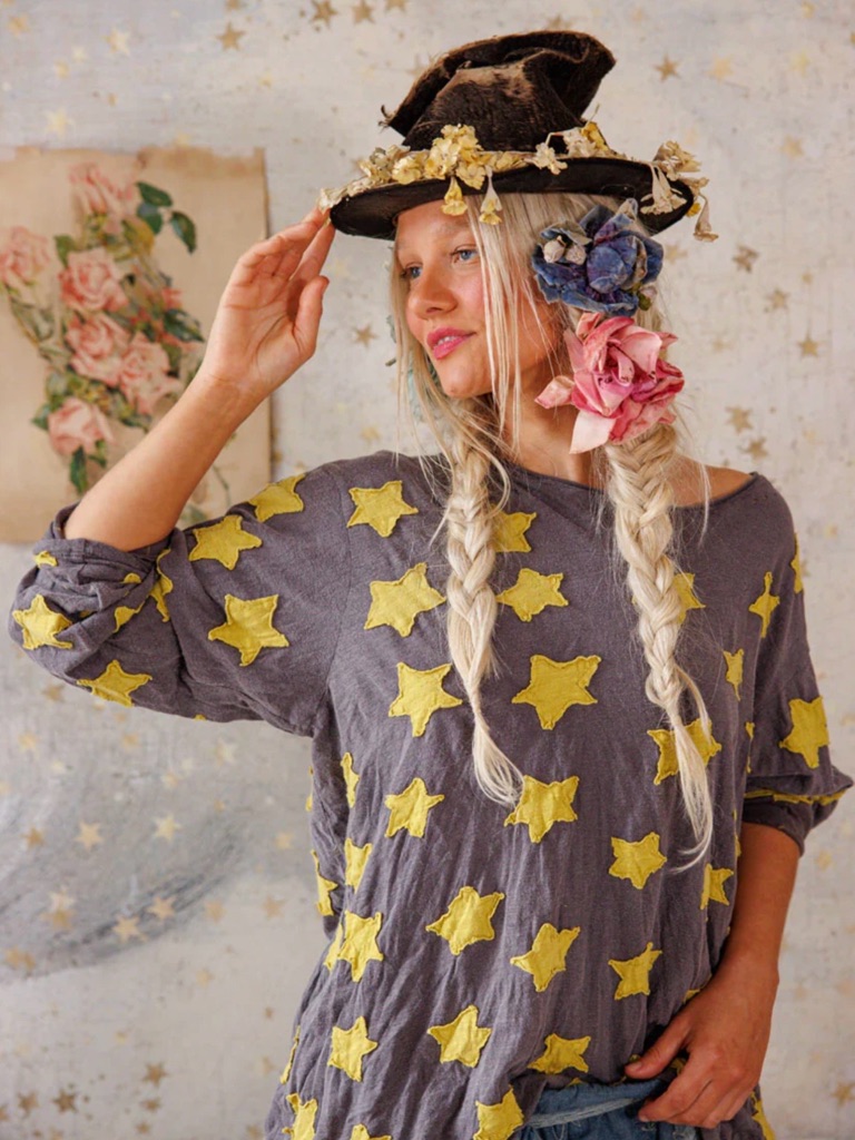 Magnolia Pearl Star Appliqu Viggo Tee Shirt Gray Yellow Nwt